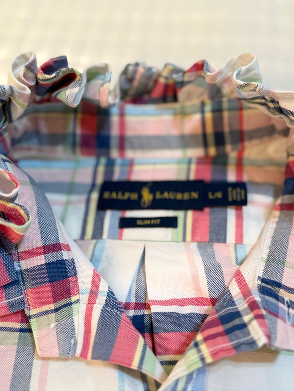 Upcycled Polo by Ralph Lauren Pastel Pink & Blue Plaid Button-Down Crop Shirt - Picture 9 of 9